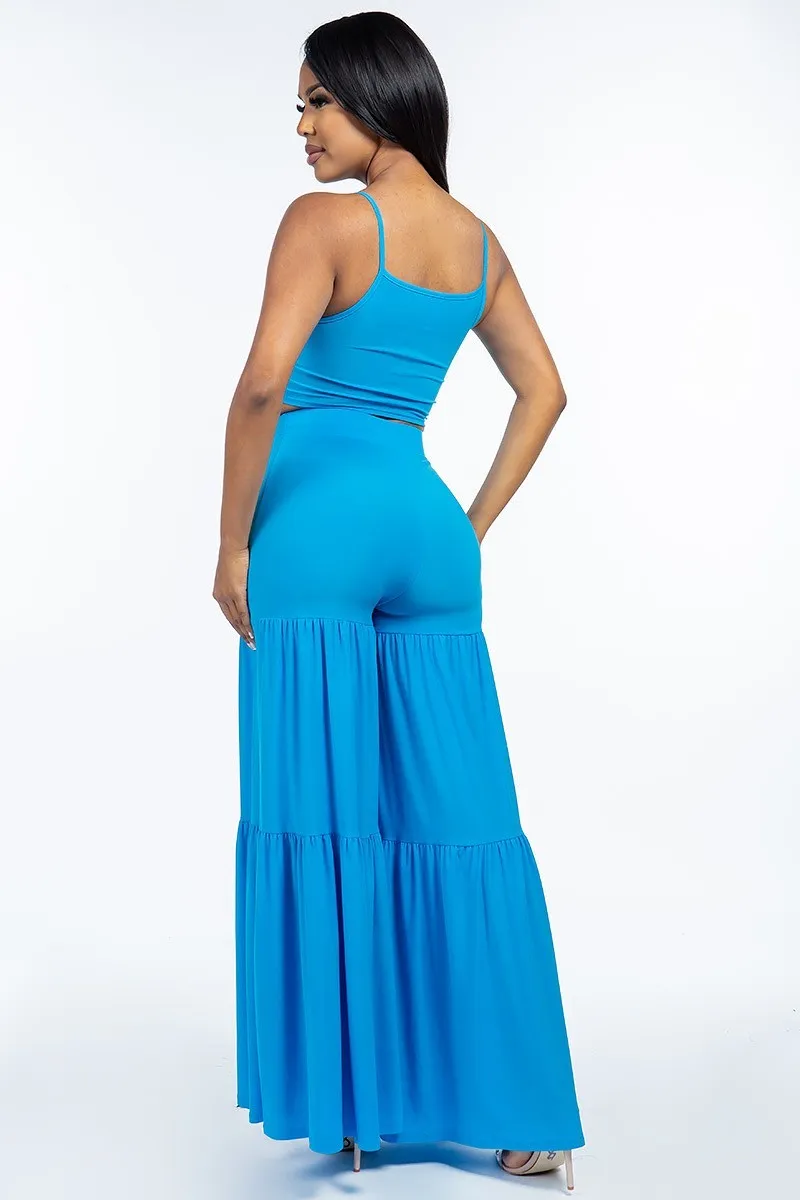 Tie Front Tank Top & Tiered Wide Leg Pants Set