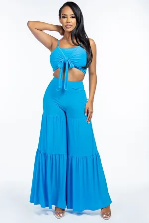 Tie Front Tank Top & Tiered Wide Leg Pants Set