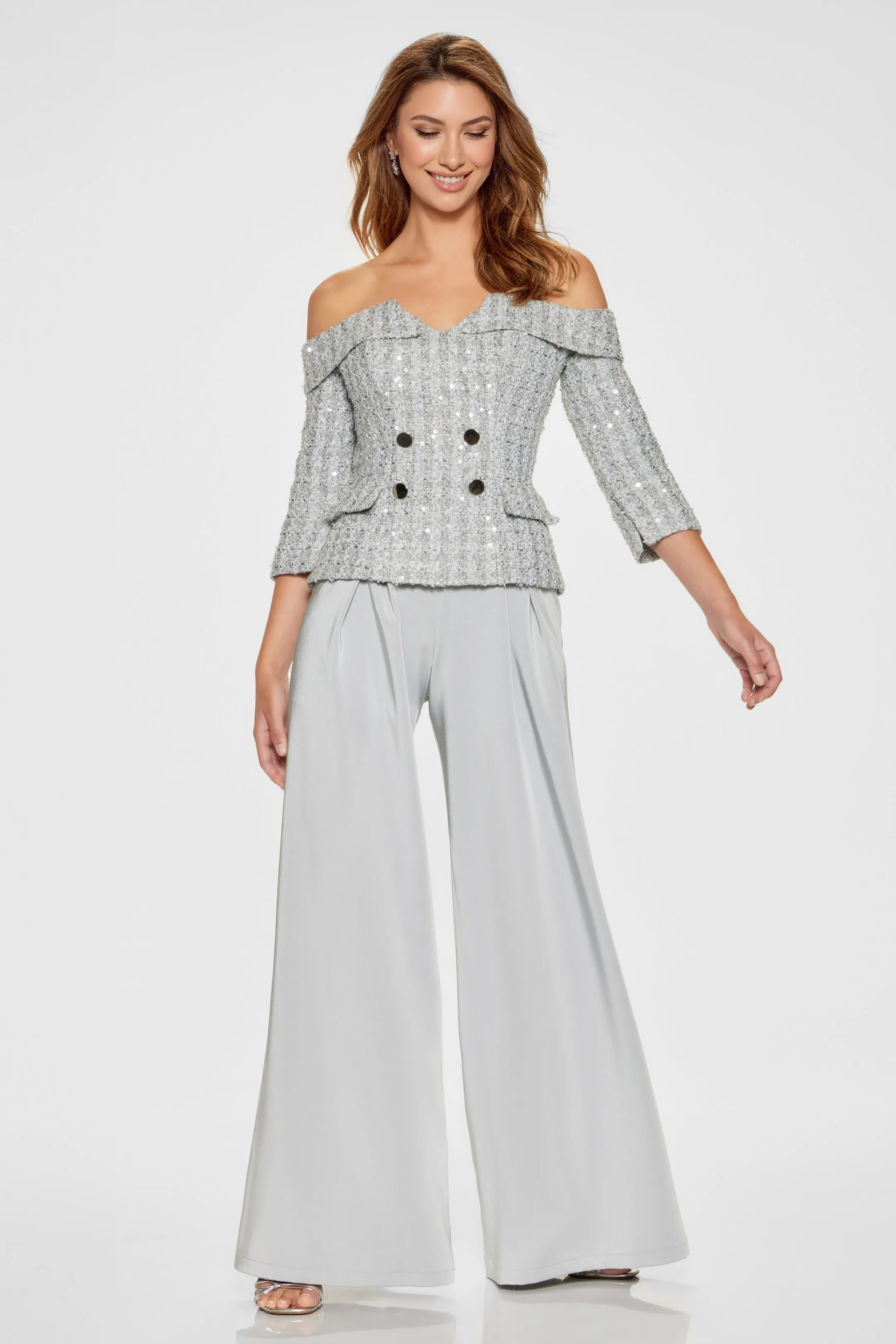 Tweed and Sequin 3 Piece Suit With Palazzo Pant