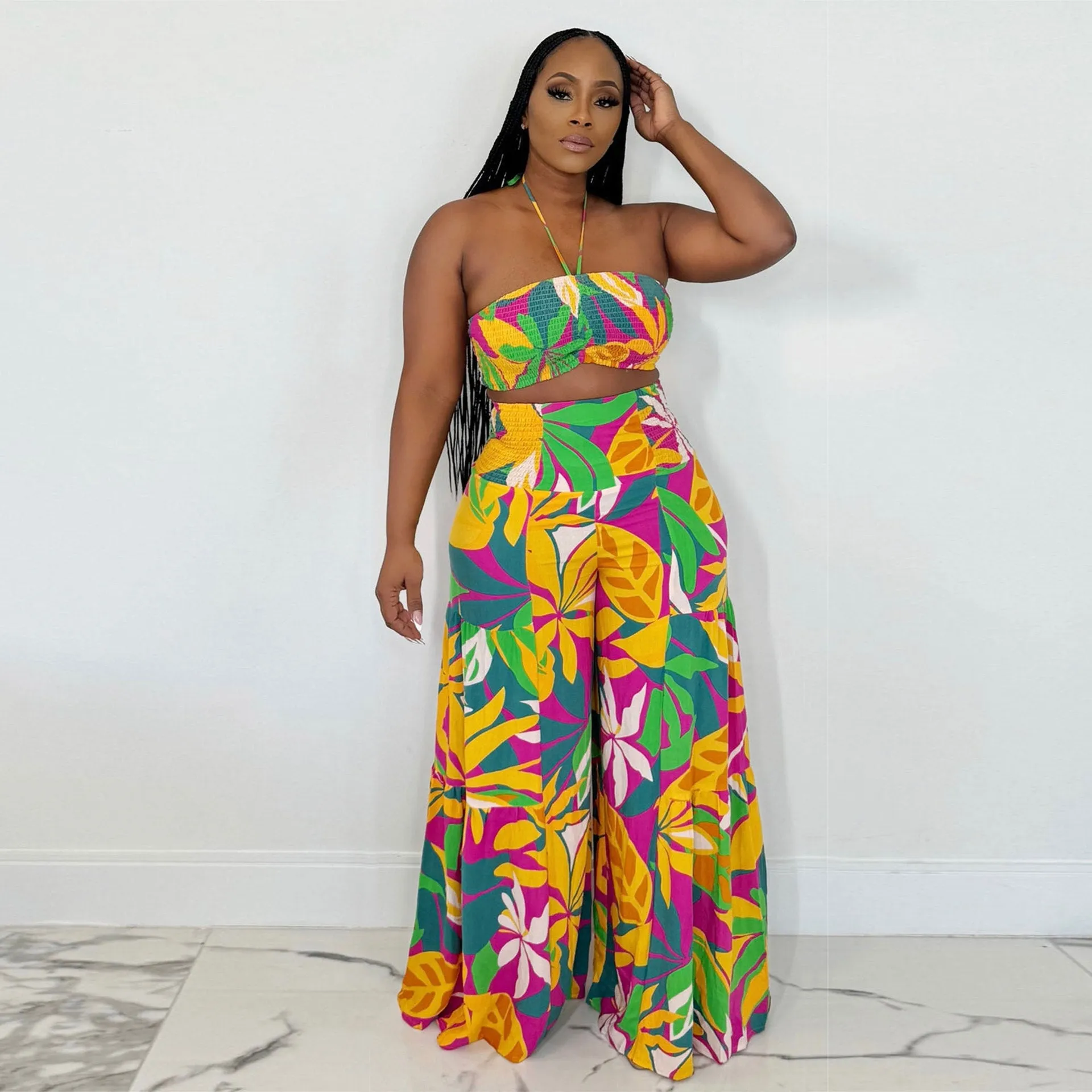 Two Piece Wide Leg Printed Pants Set