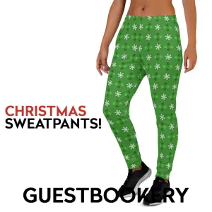 Ugly Christmas Sweatpants - Green Snowflakes Pattern