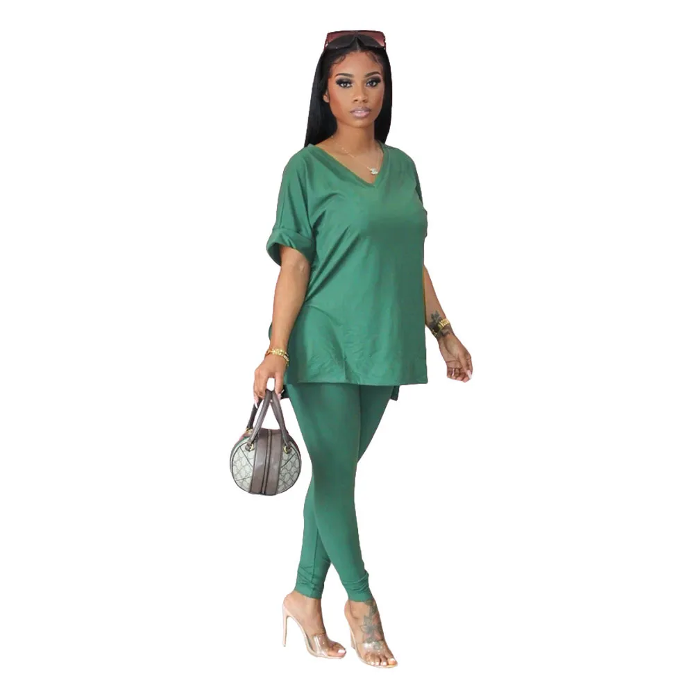 V-Neck Short Sleeve Top & Long Pencil Pants 2-Piece Set