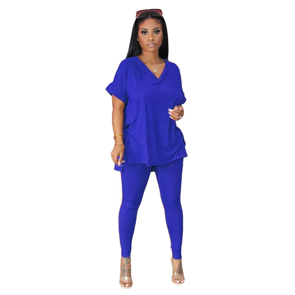 V-Neck Short Sleeve Top & Long Pencil Pants 2-Piece Set