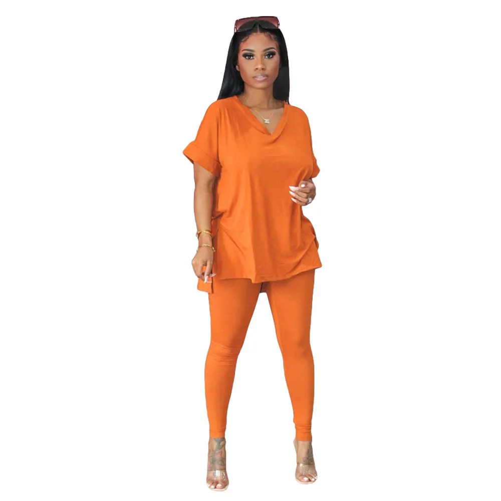 V-Neck Short Sleeve Top & Long Pencil Pants 2-Piece Set