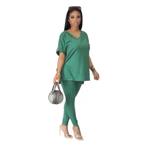 V-Neck Short Sleeve Top & Long Pencil Pants 2-Piece Set