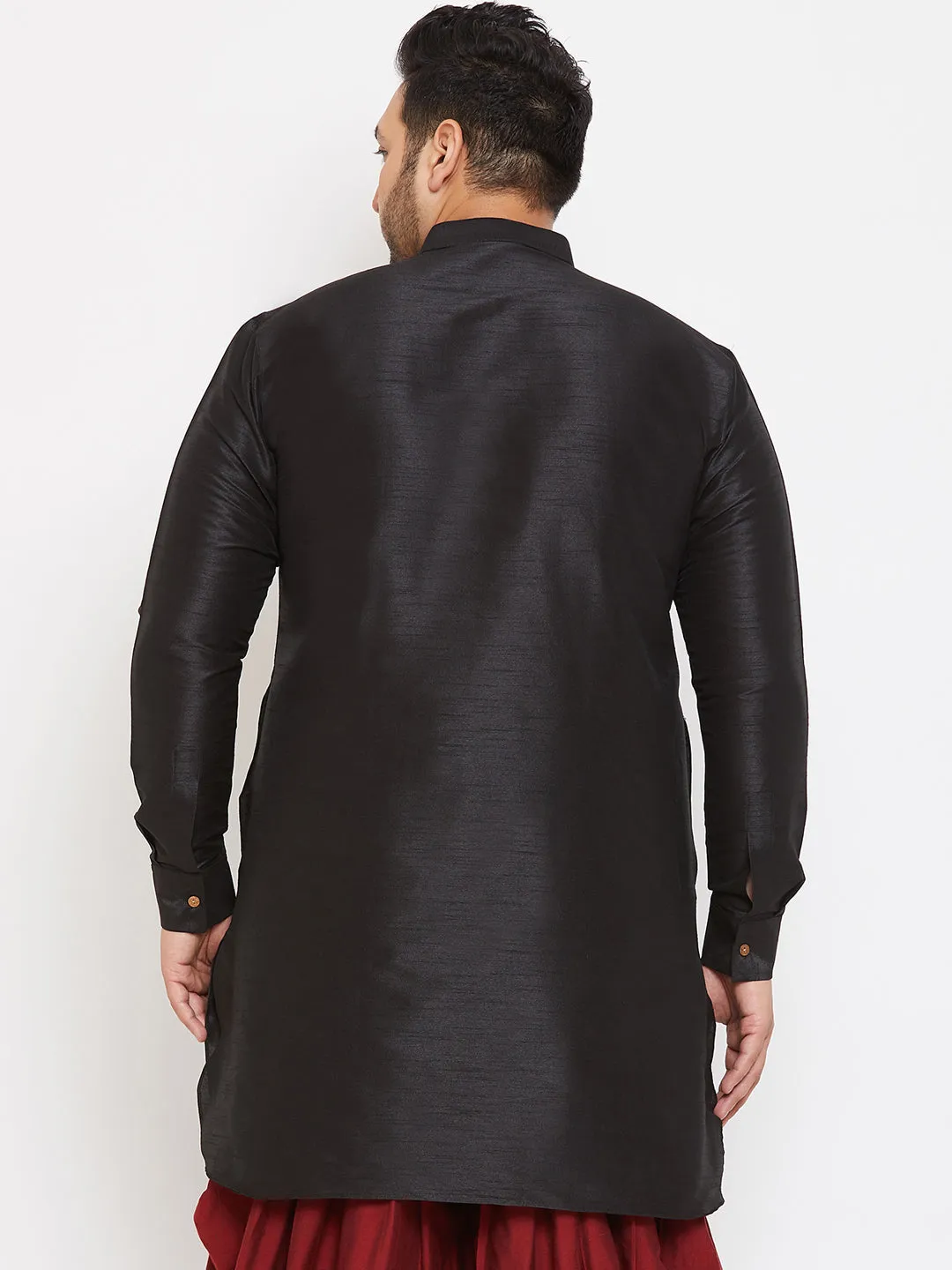 VASTRAMAY Men's Plus Size Black Silk Blend Curved Kurta
