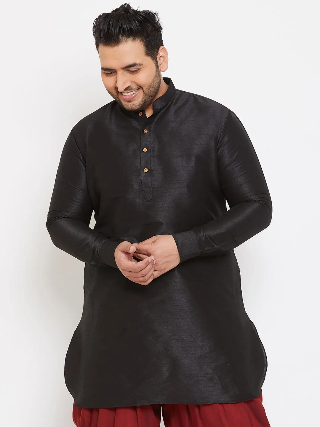 VASTRAMAY Men's Plus Size Black Silk Blend Curved Kurta