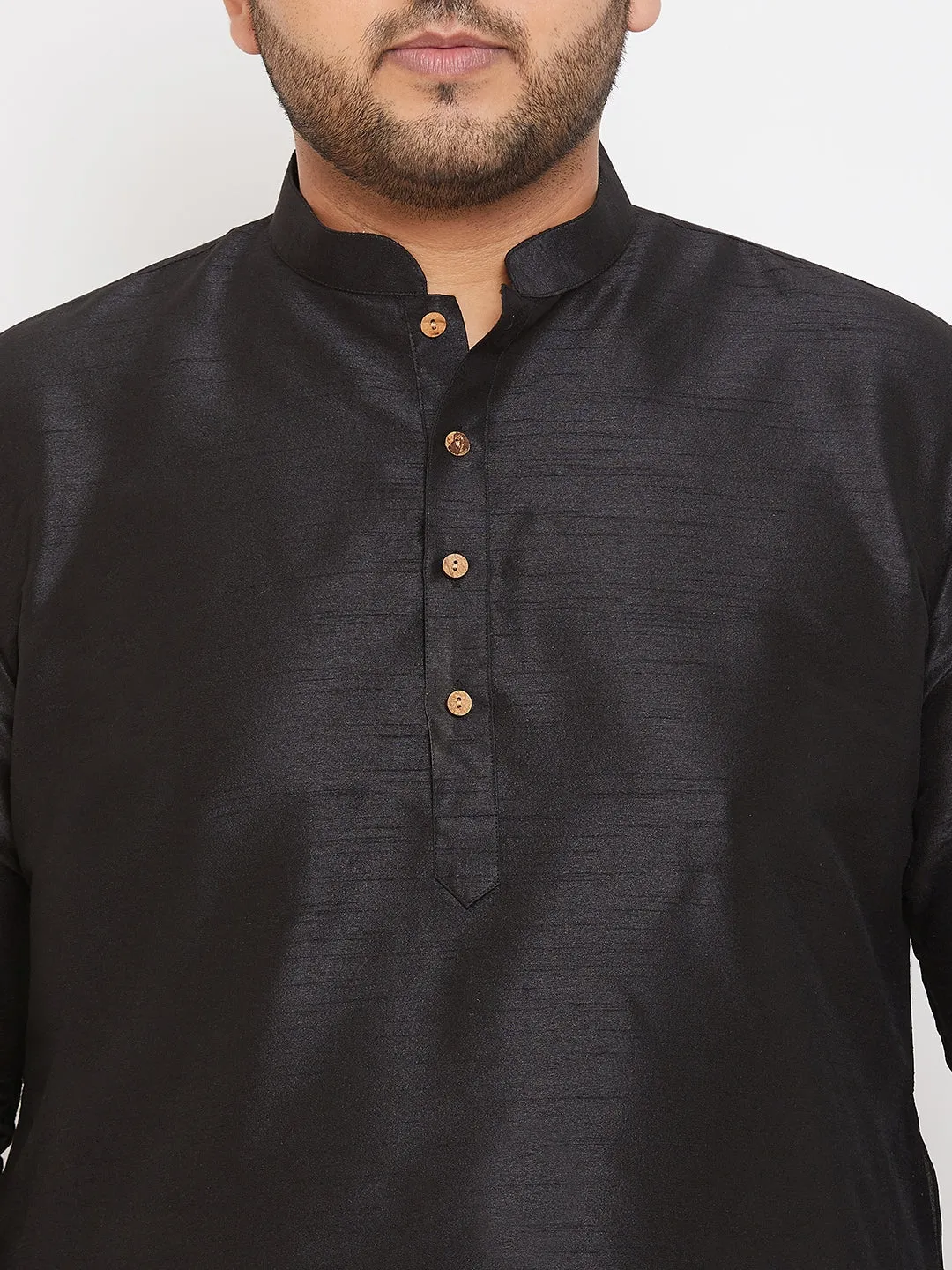 VASTRAMAY Men's Plus Size Black Silk Blend Curved Kurta