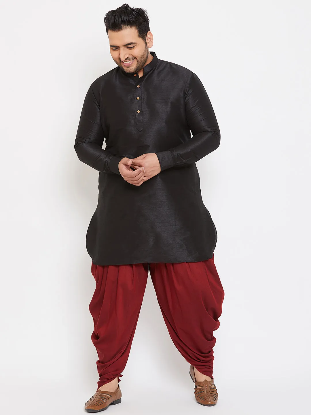VASTRAMAY Men's Plus Size Black Silk Blend Curved Kurta