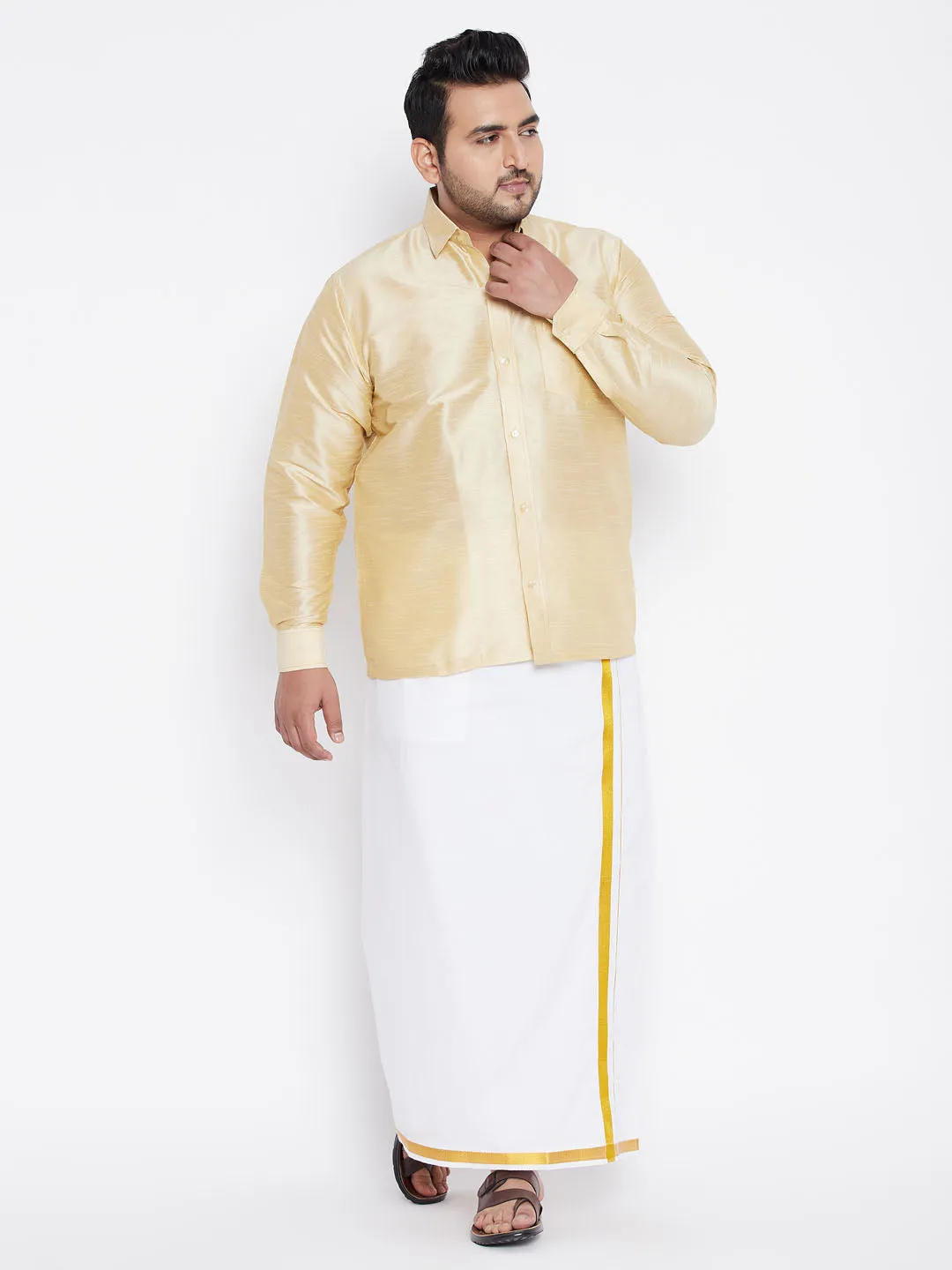 VASTRAMAY Men's Plus Size Golden Silk Blend Ethnic Shirt