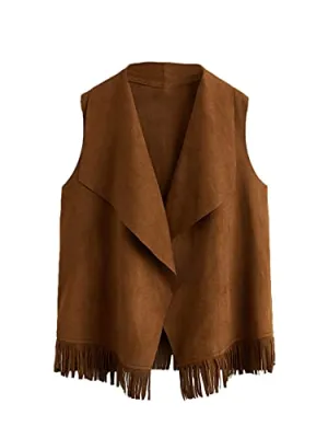 Verdusa Girl's Faux Suede Tassel Vest 70s Hippie Cardigan Cowgirl Fringe Jacket Brown 10Y