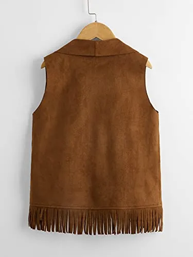 Verdusa Girl's Faux Suede Tassel Vest 70s Hippie Cardigan Cowgirl Fringe Jacket Brown 10Y