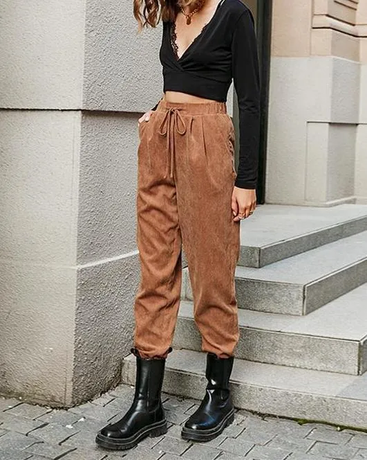 Waffle Knit Tie Front Corduroy Pants
