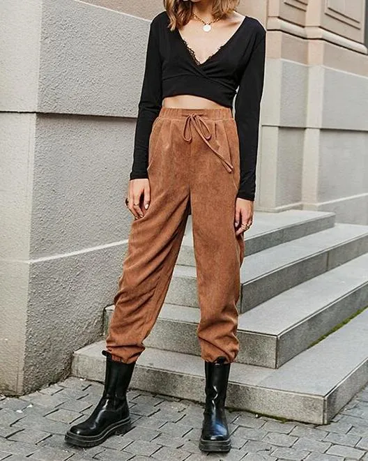 Waffle Knit Tie Front Corduroy Pants