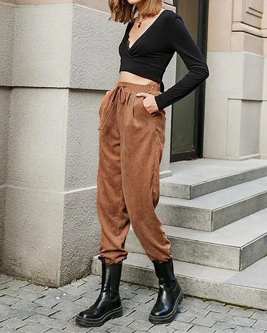 Waffle Knit Tie Front Corduroy Pants