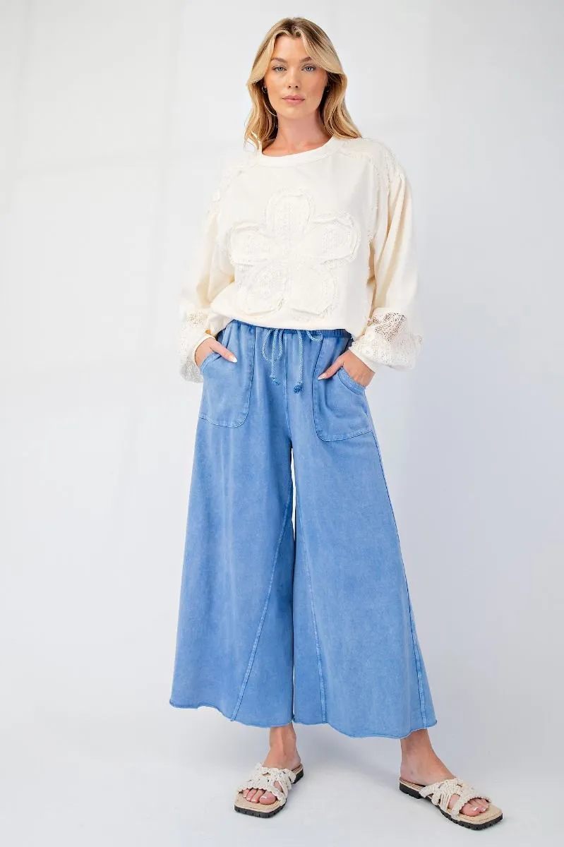 Washed Terry Knit Wide Leg Pants - Cornflower