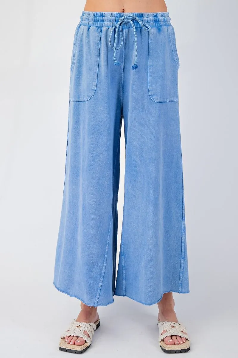 Washed Terry Knit Wide Leg Pants - Cornflower