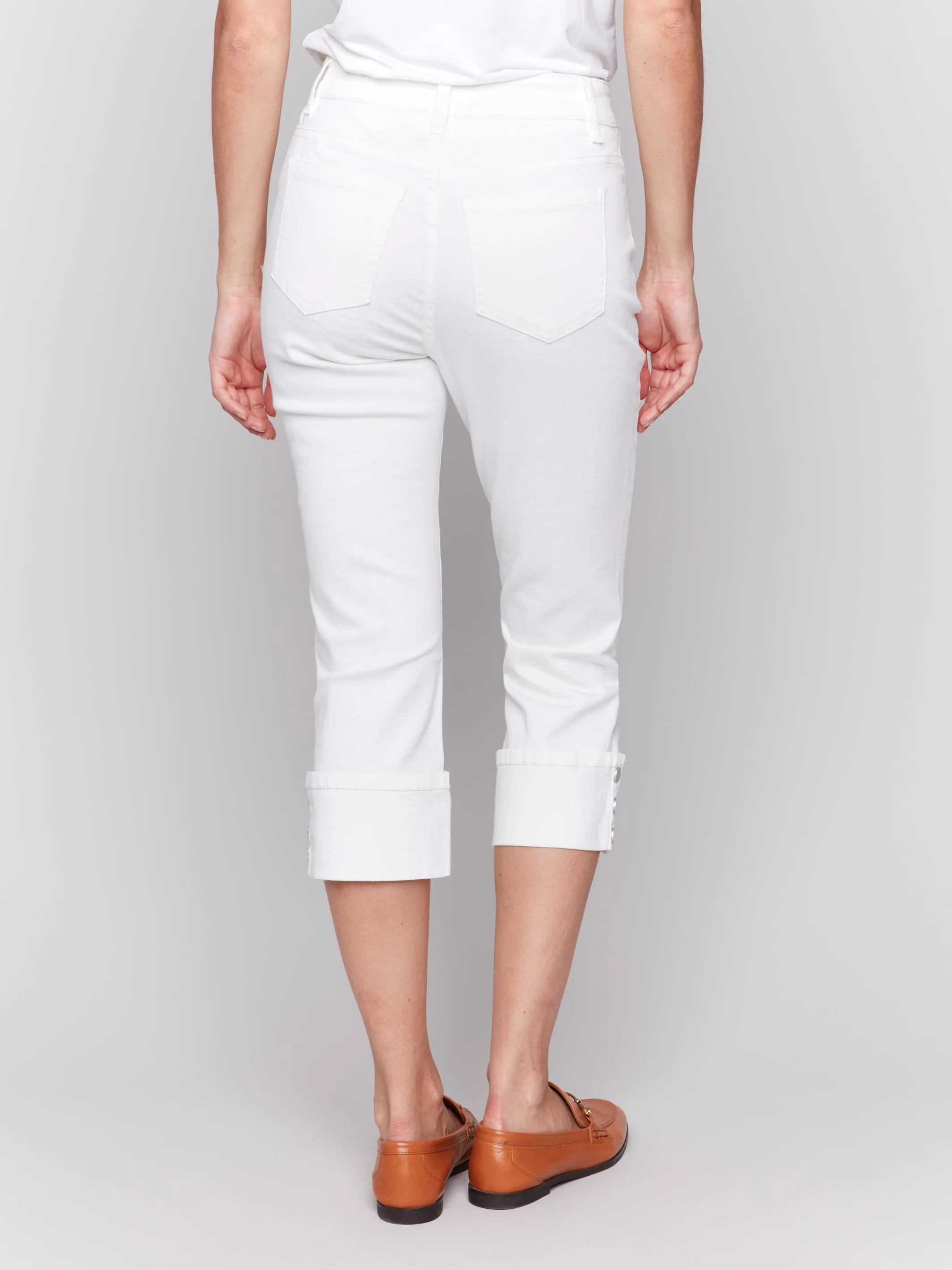 White Twill Roll Cuff Snap Pants