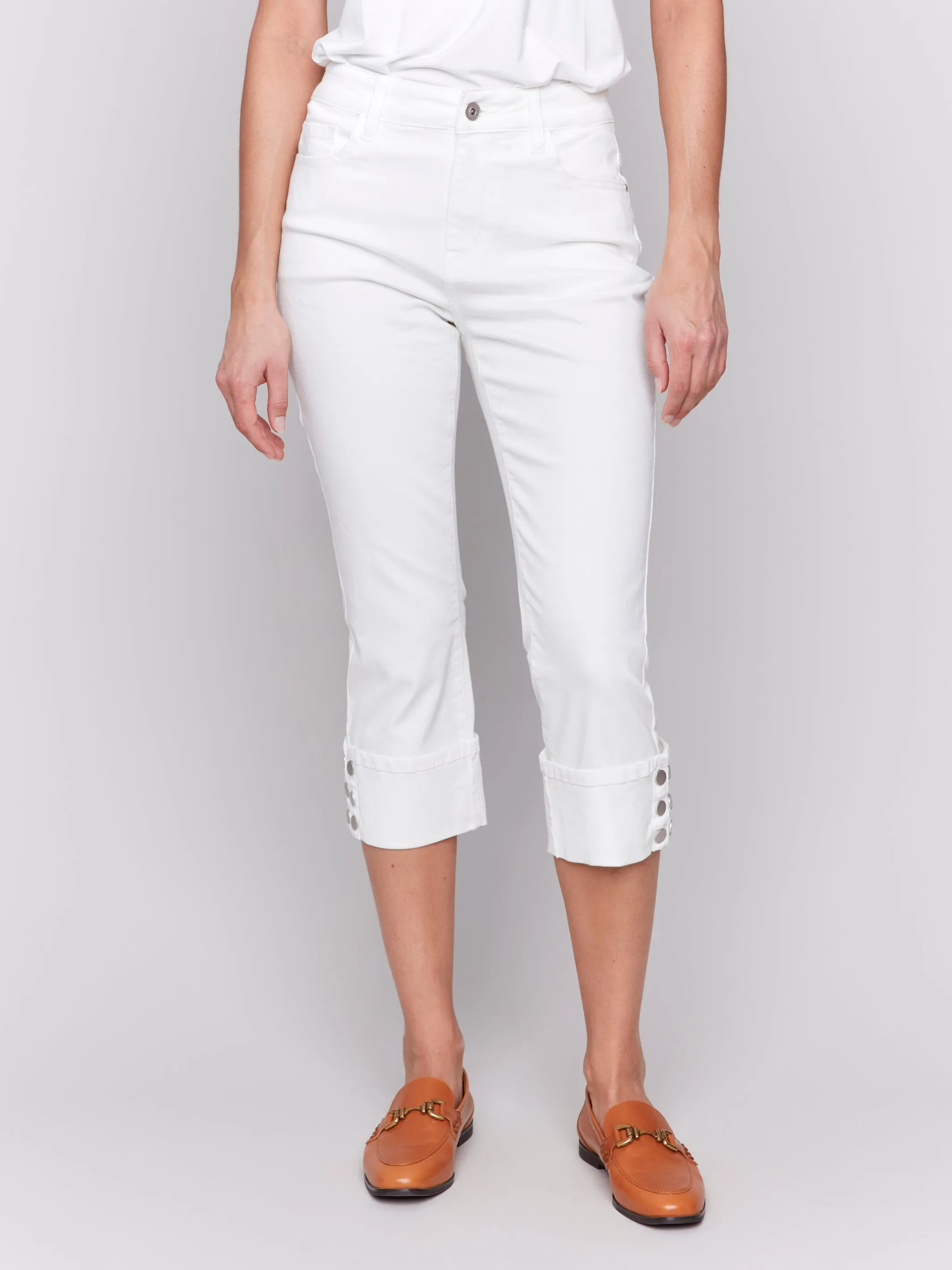 White Twill Roll Cuff Snap Pants