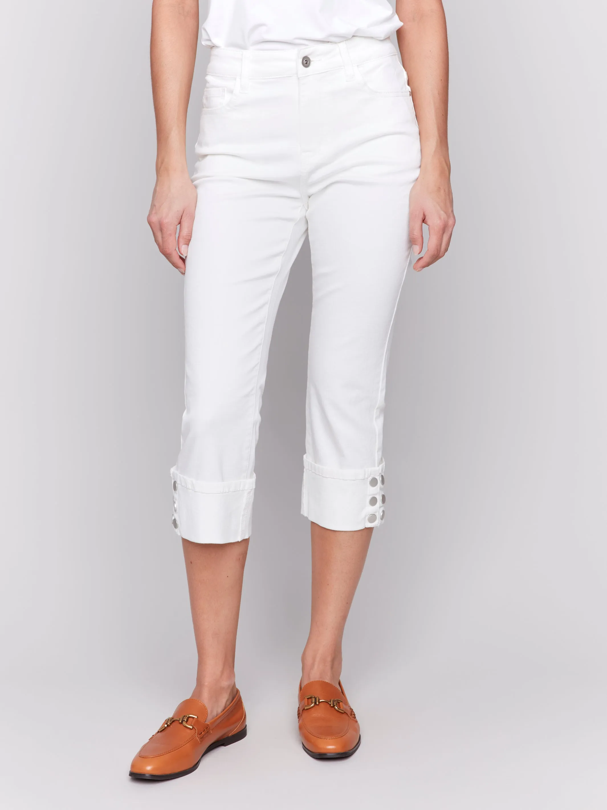 White Twill Roll Cuff Snap Pants