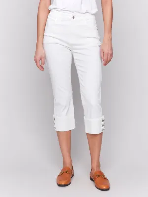 White Twill Roll Cuff Snap Pants
