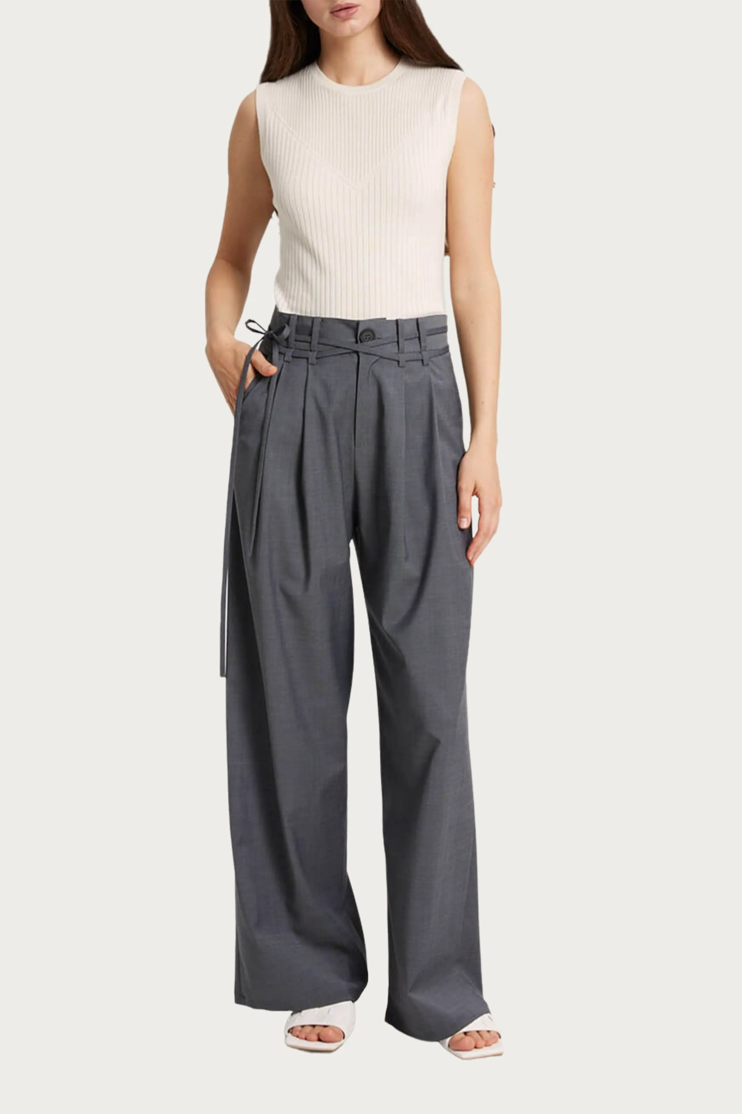 WIDE-LEG BELTED WOOL-BLEND TROUSERS