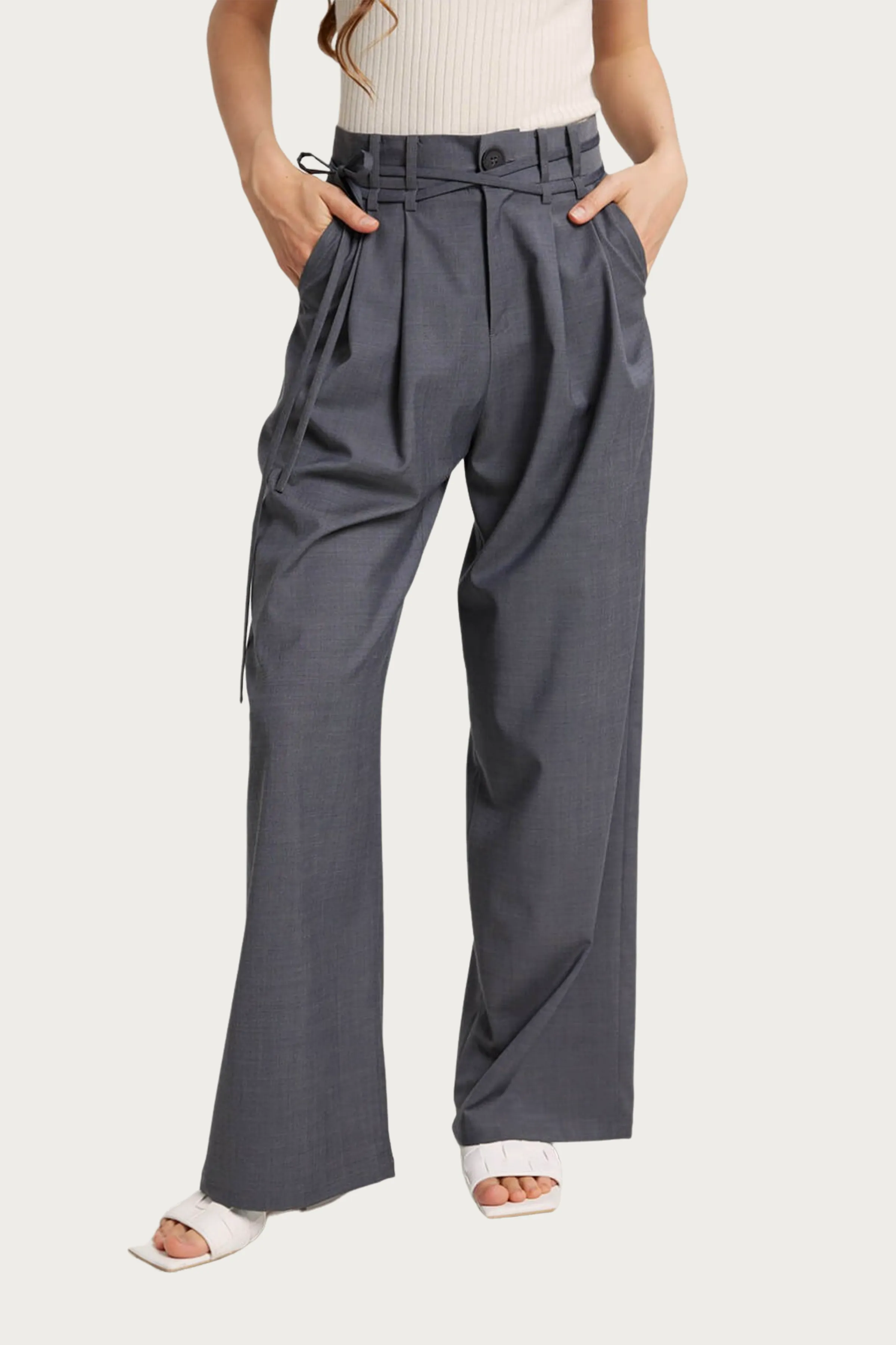 WIDE-LEG BELTED WOOL-BLEND TROUSERS