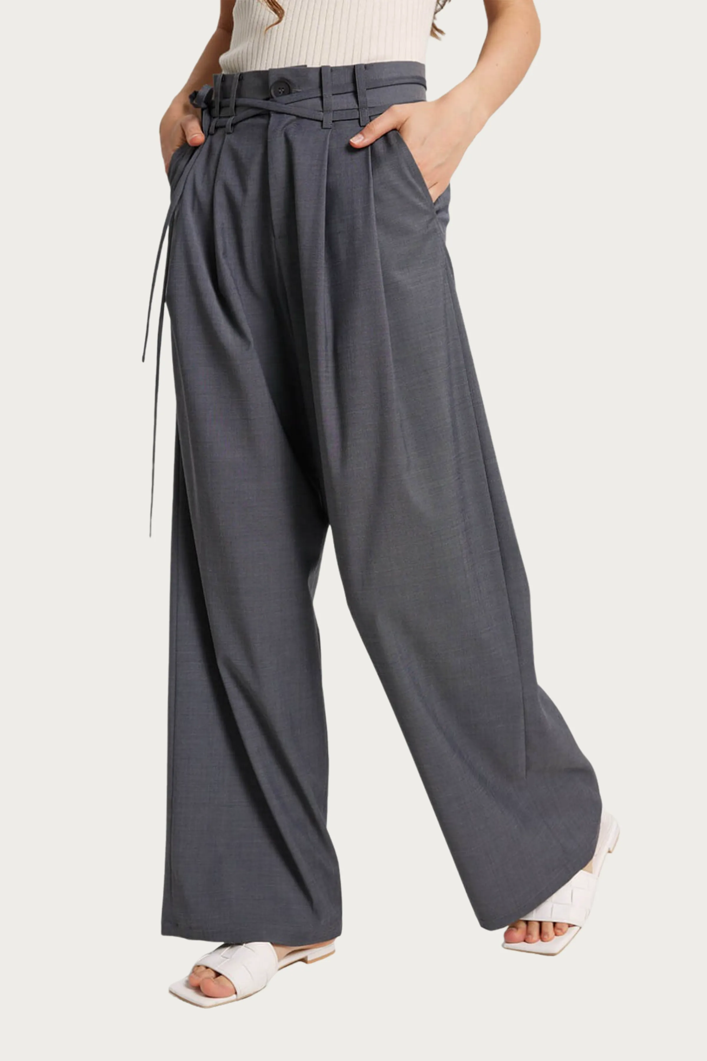 WIDE-LEG BELTED WOOL-BLEND TROUSERS