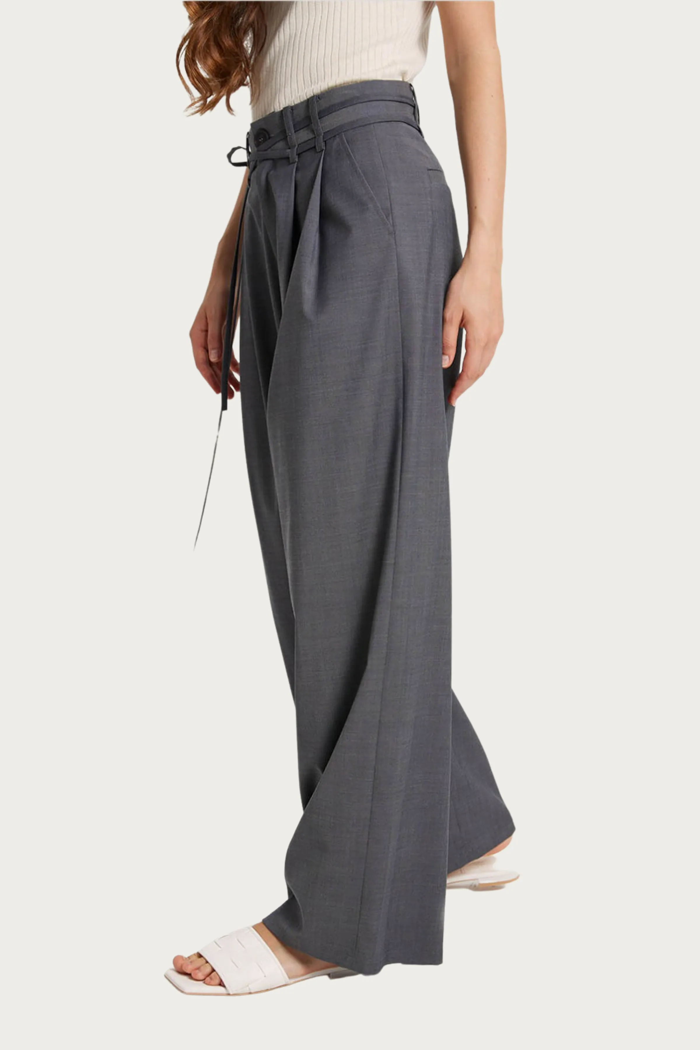 WIDE-LEG BELTED WOOL-BLEND TROUSERS