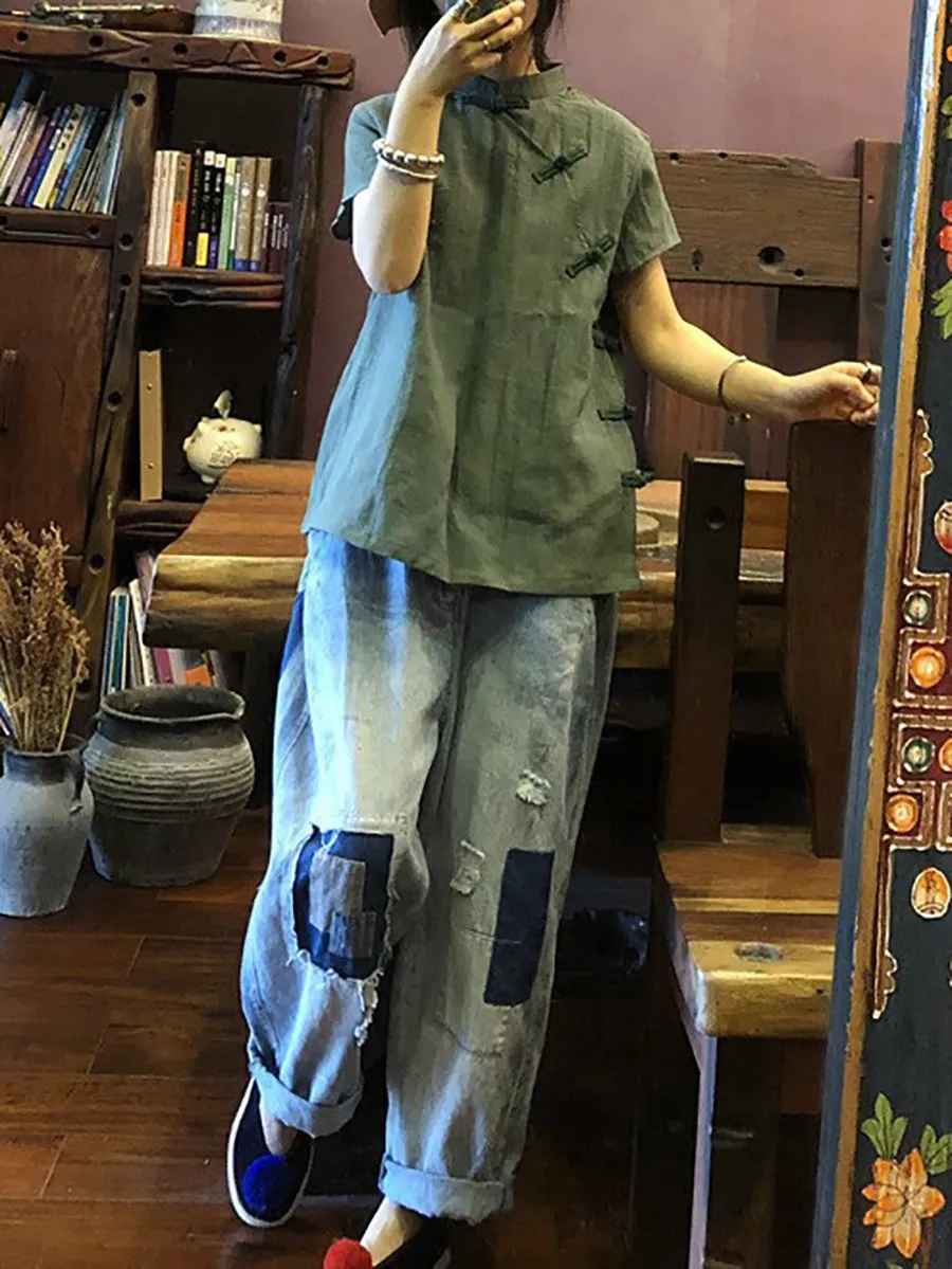 Women Vintage Patch Spliced Denim Loose Harem Pants