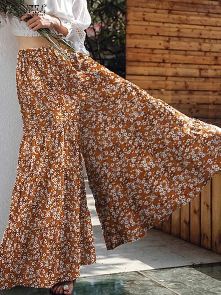 women's  Bohemian Floral Print Wide Leg Pants Plus Size