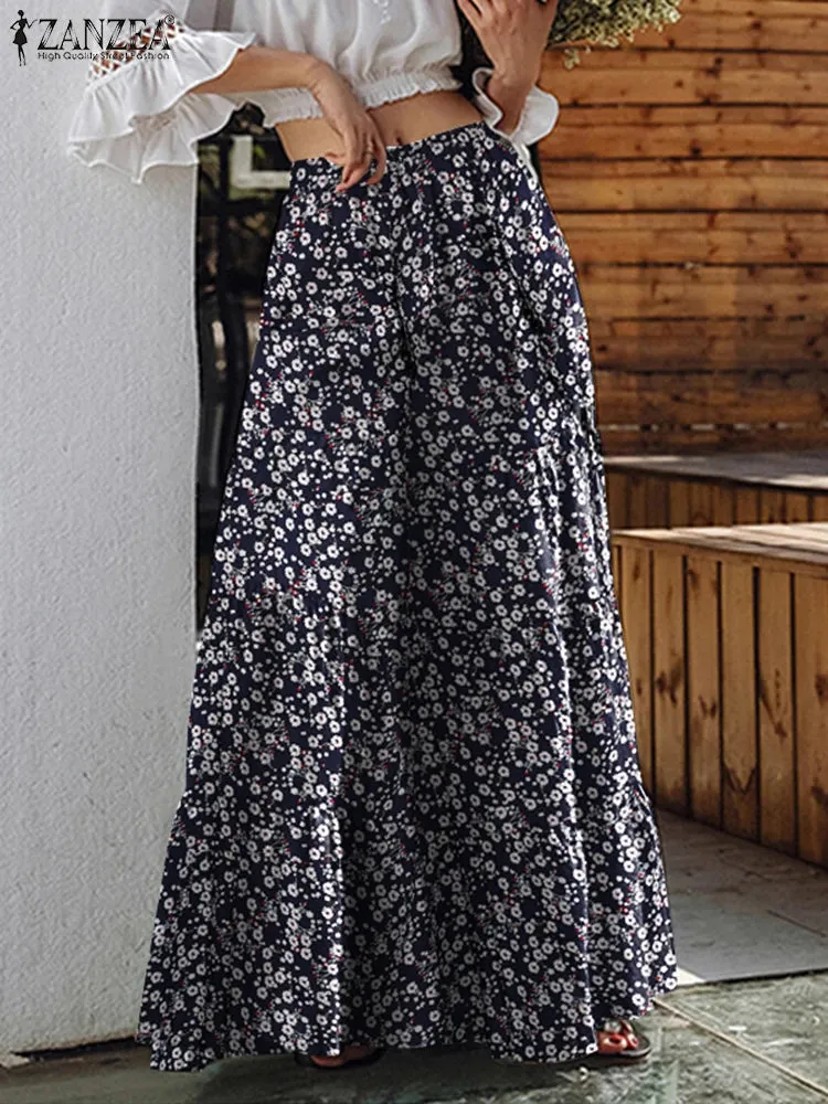 women's  Bohemian Floral Print Wide Leg Pants Plus Size