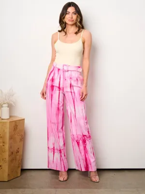 WOMEN'S BUTTON CLOSURE BELTED TIE DYE WIDE LEG PANTS