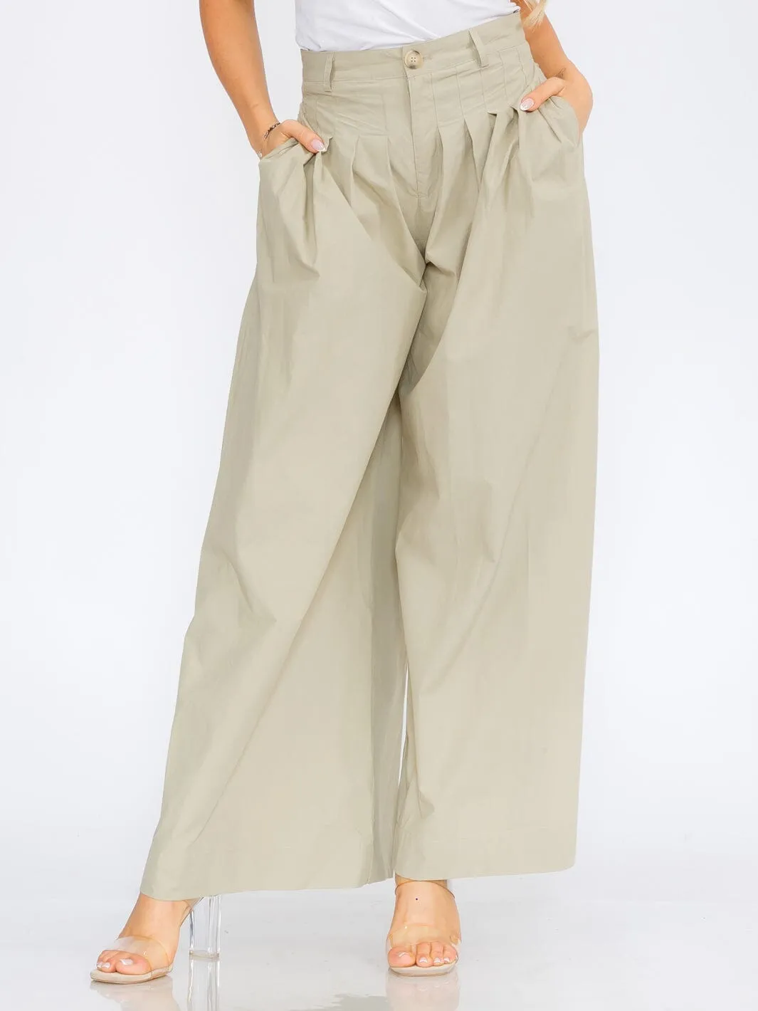 WOMEN'S BUTTON CLOSURE FRONT POCKETS PLEATED PALAZZO PANTS