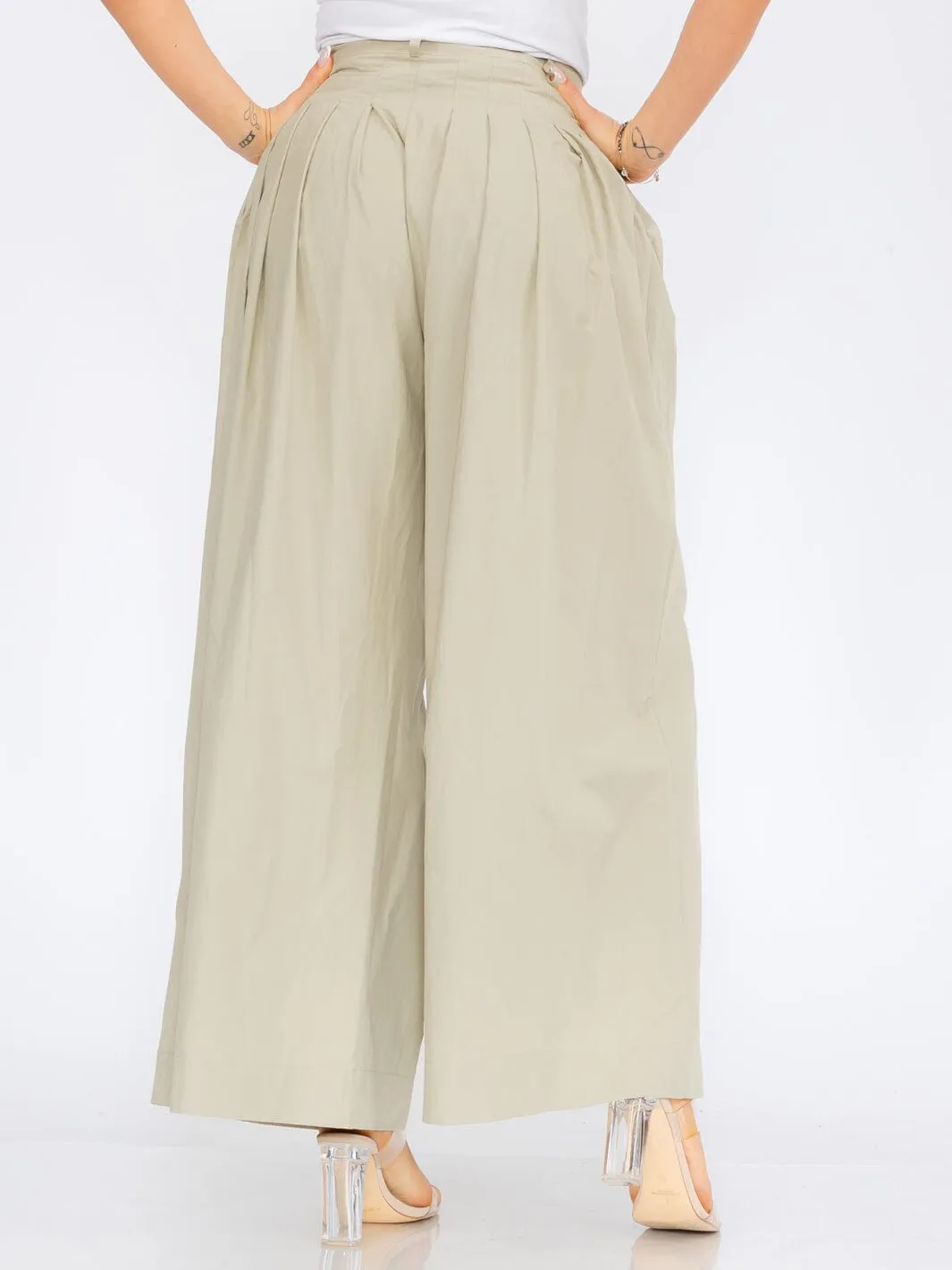 WOMEN'S BUTTON CLOSURE FRONT POCKETS PLEATED PALAZZO PANTS