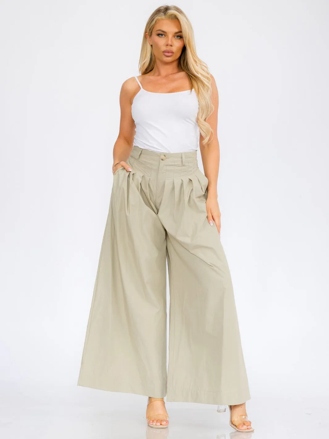 WOMEN'S BUTTON CLOSURE FRONT POCKETS PLEATED PALAZZO PANTS