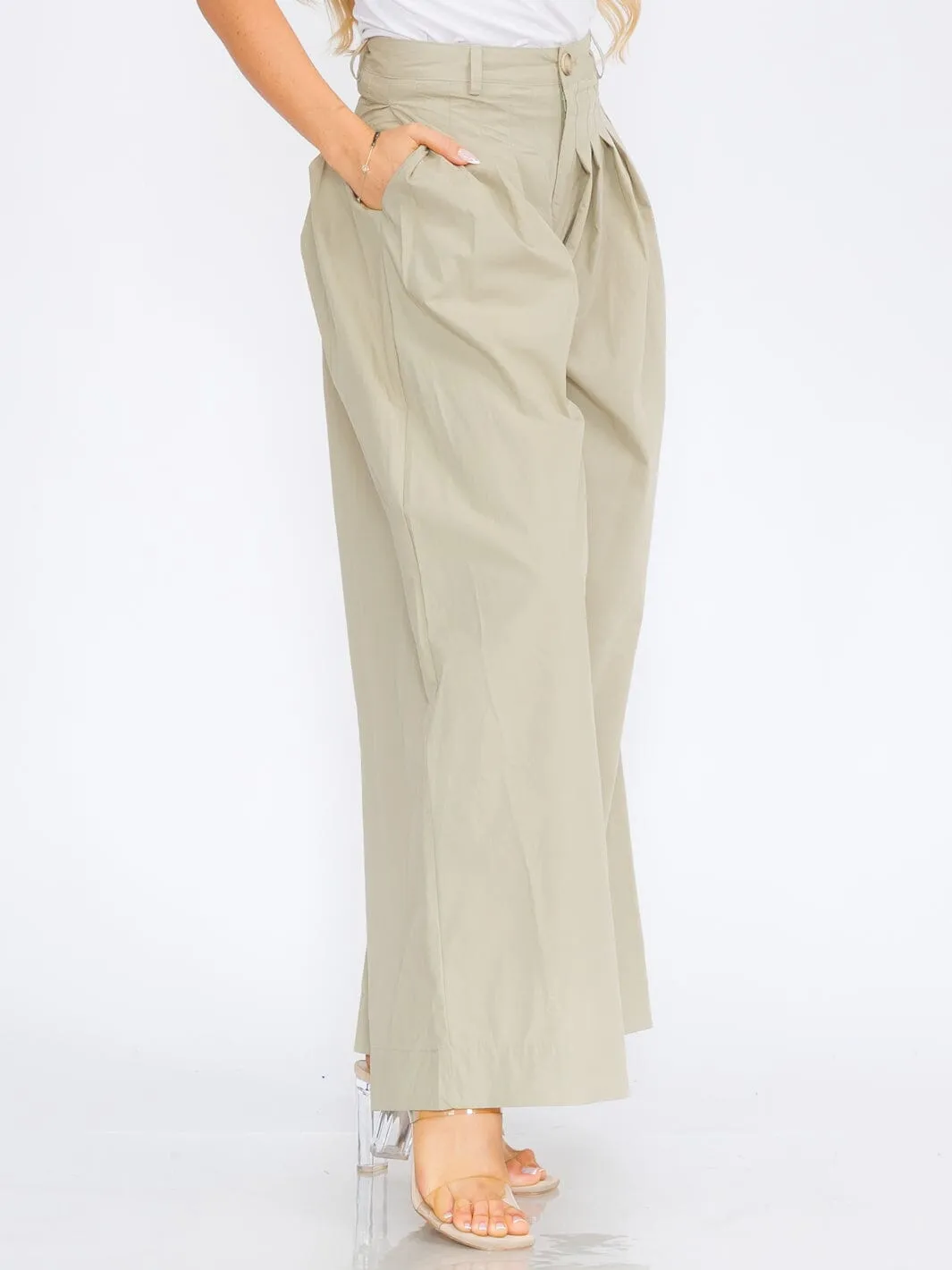 WOMEN'S BUTTON CLOSURE FRONT POCKETS PLEATED PALAZZO PANTS