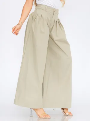 WOMEN'S BUTTON CLOSURE FRONT POCKETS PLEATED PALAZZO PANTS