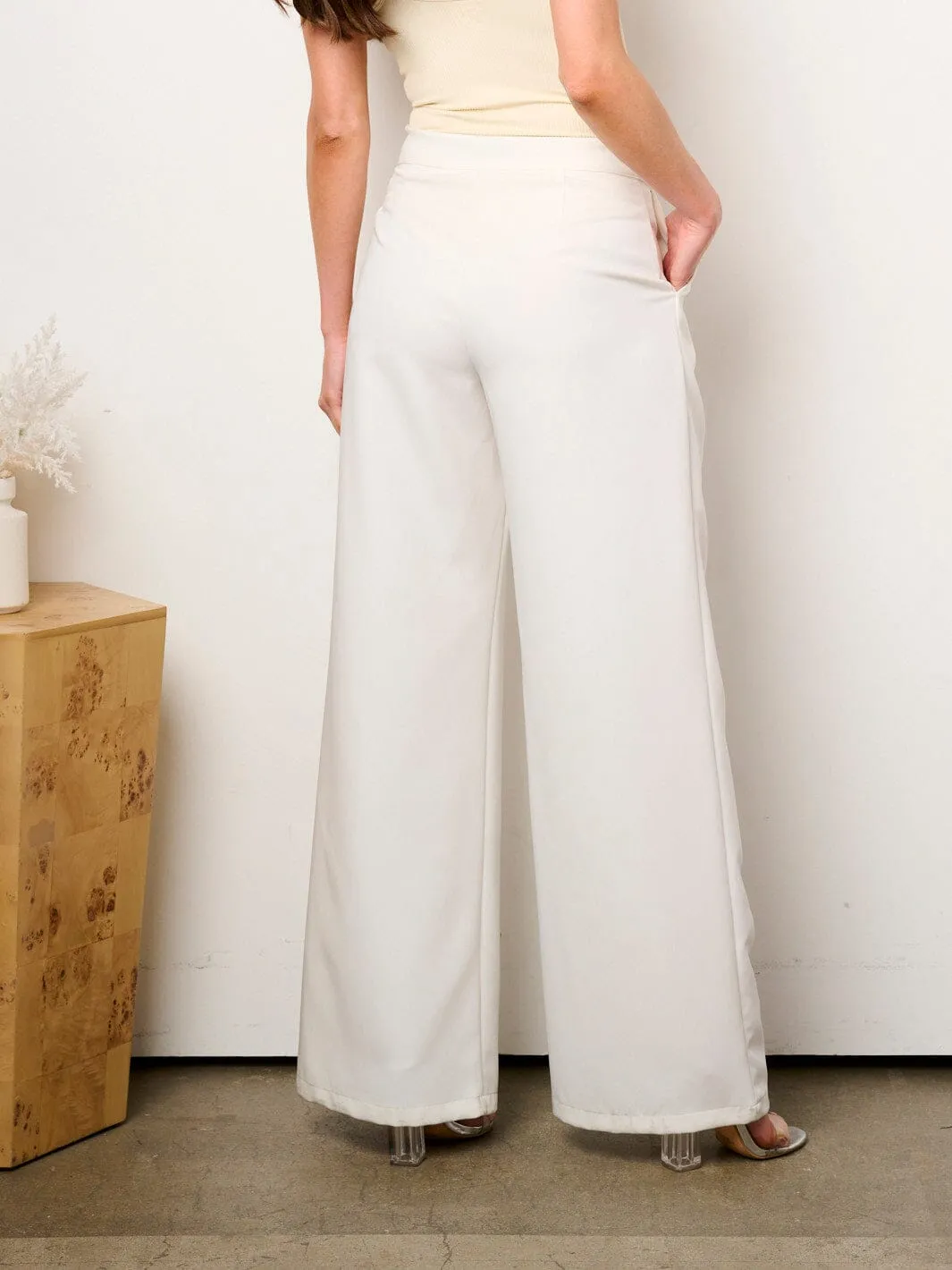 WOMEN'S BUTTON CLOSURE PLEATED WIDE LEG PALAZZO PANTS