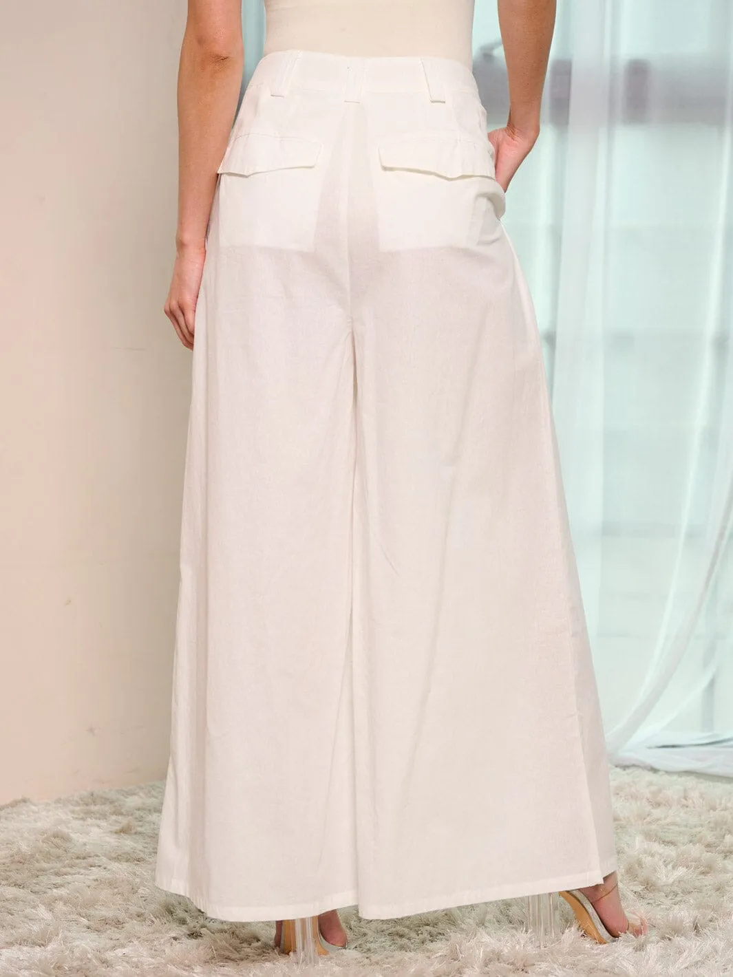 WOMEN'S BUTTON CLOSURE POCKETS WIDE LEG PALAZZO PANTS