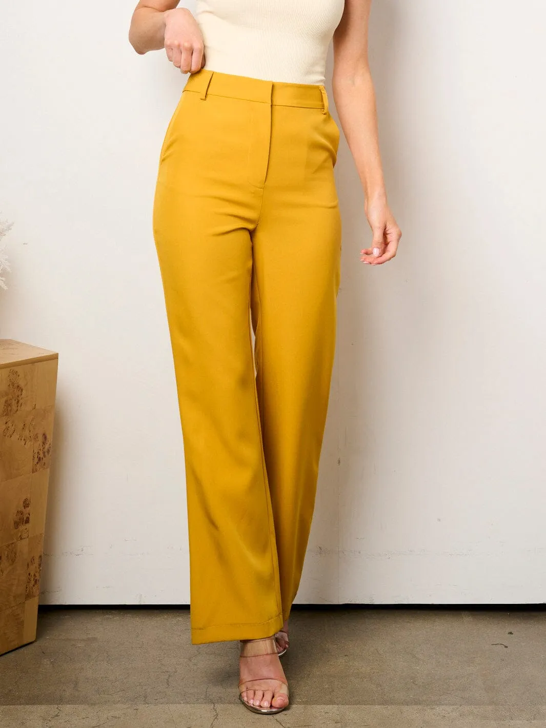 WOMEN'S BUTTON CLOSURE POCKETS WIDE LEG PANTS