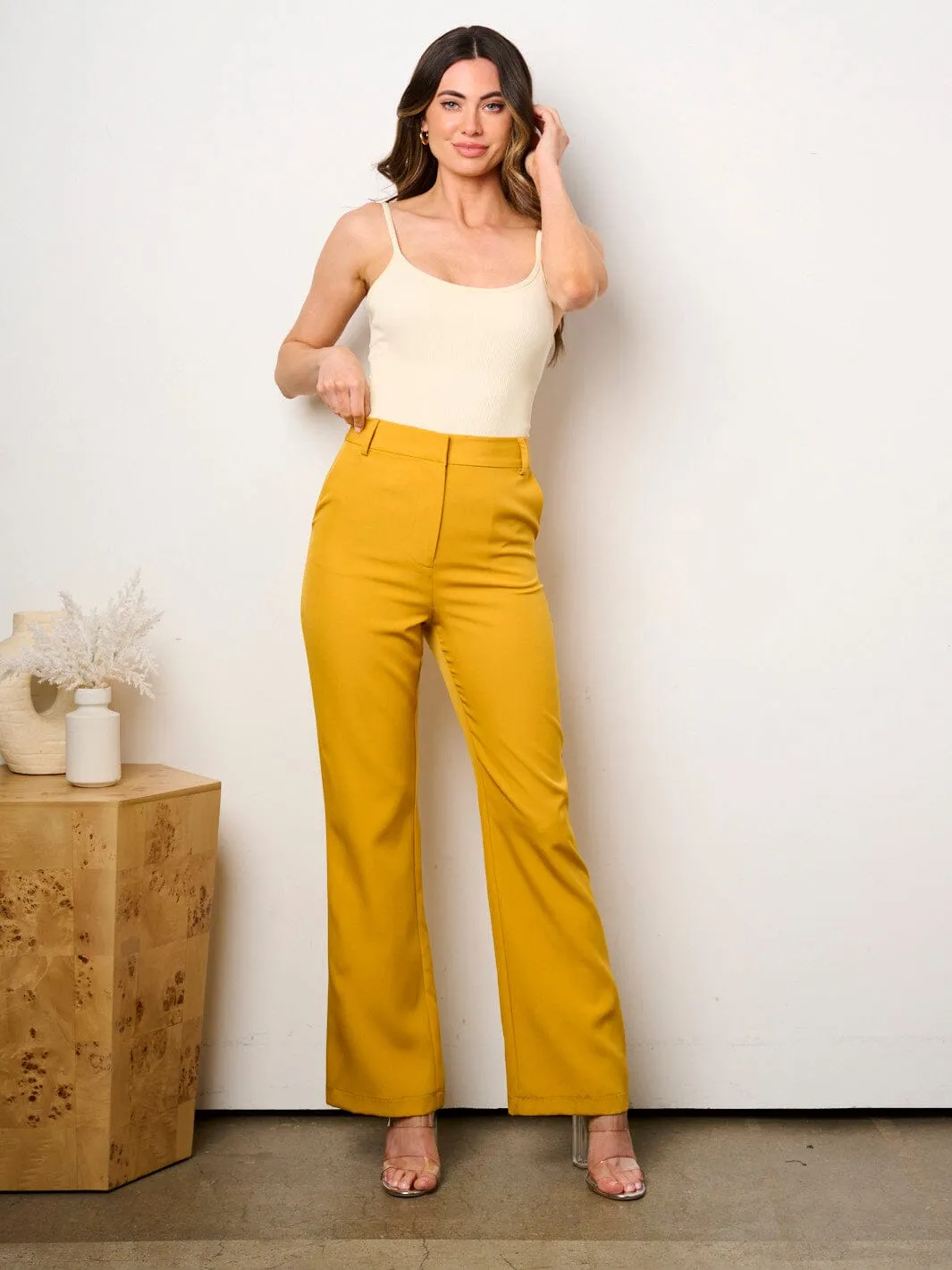 WOMEN'S BUTTON CLOSURE POCKETS WIDE LEG PANTS