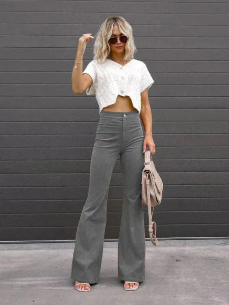 Women's Corduroy Flare Pants - High Waist Slim Fit with Pockets