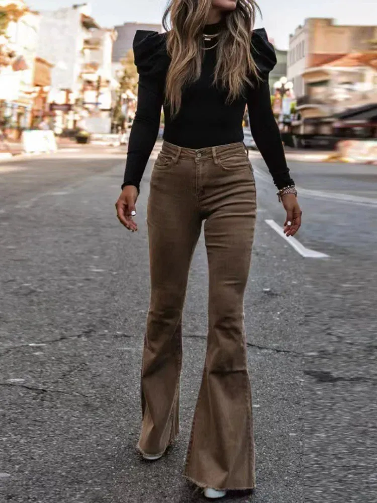 Women's Corduroy Flare Pants - High Waist Slim Fit with Pockets