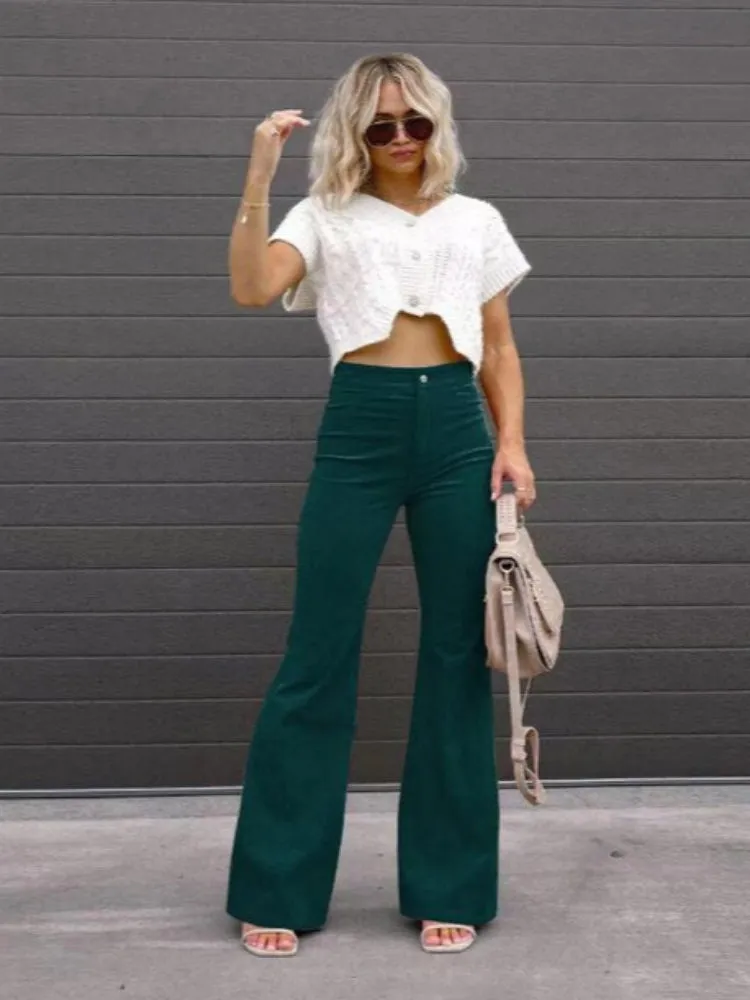 Women's Corduroy Flare Pants - High Waist Slim Fit with Pockets