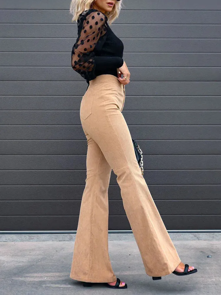 Women's Corduroy Flare Pants - High Waist Slim Fit with Pockets