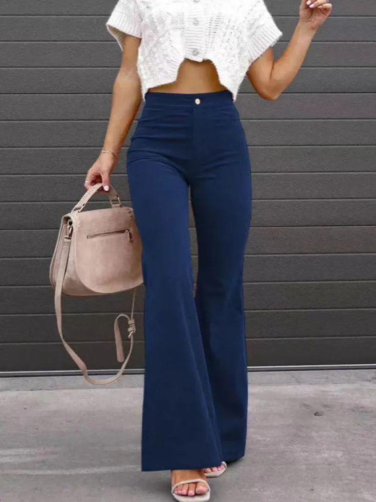 Women's Corduroy Flare Pants - High Waist Slim Fit with Pockets