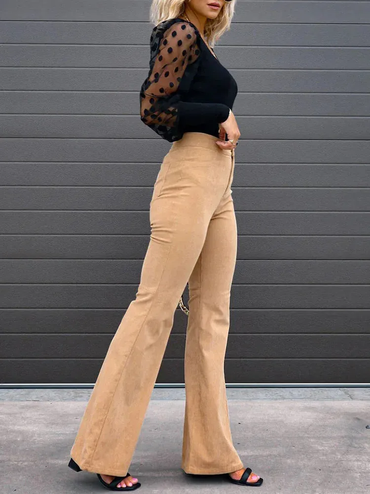 Women's Corduroy Flare Pants - High Waist Slim Fit with Pockets