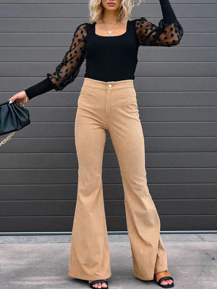 Women's Corduroy Flare Pants - High Waist Slim Fit with Pockets