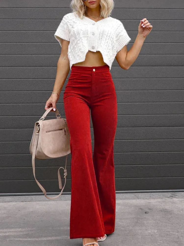 Women's Corduroy Flare Pants - High Waist Slim Fit with Pockets